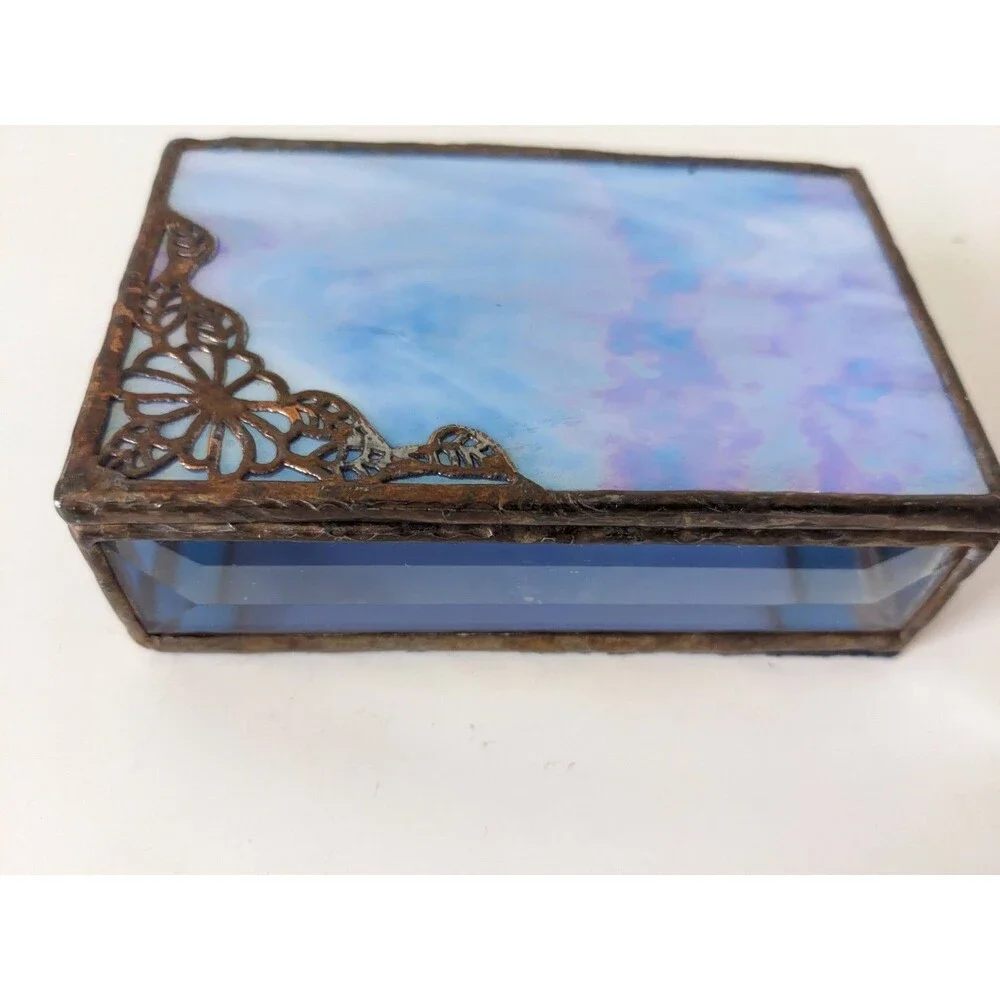 Vintage Stained Glass Brass Trinket Jewelry Box Blue With Mirrored Bottom Flower